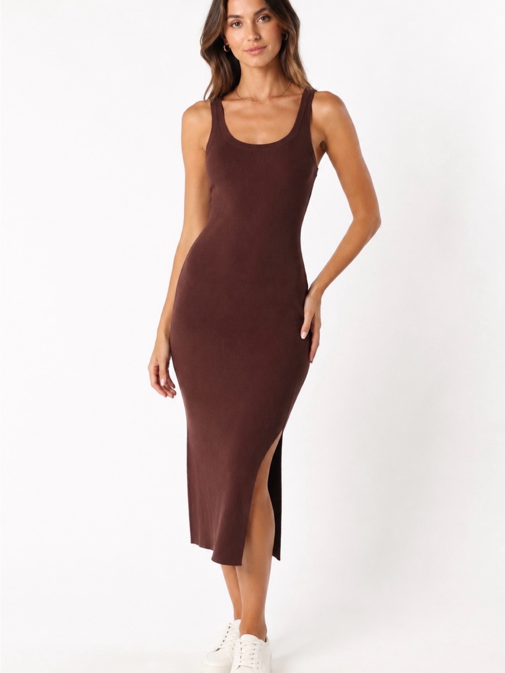 NWT The Drop Yasmin Ribbed Knit Tank Midi Dress Brown M Side Slit